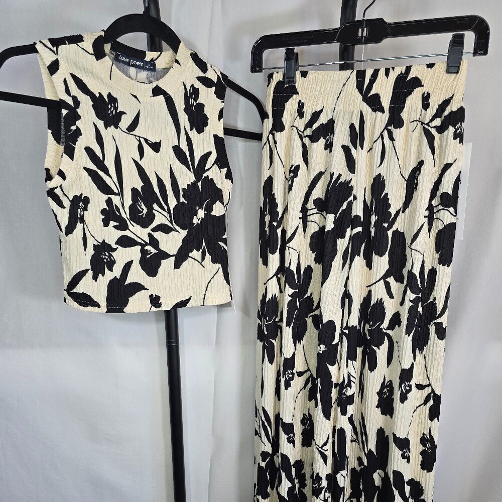 Love Poem Black & Cream Floral Sleeveless Top and Wide Leg Pants Set